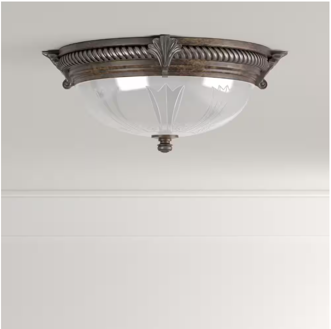 Hampton Bay Bercello Estates 15 in. Traditional 2-Light Volterra Bronze Dimmable Flush Mount Ceiling Light with Etched Glass Shade
