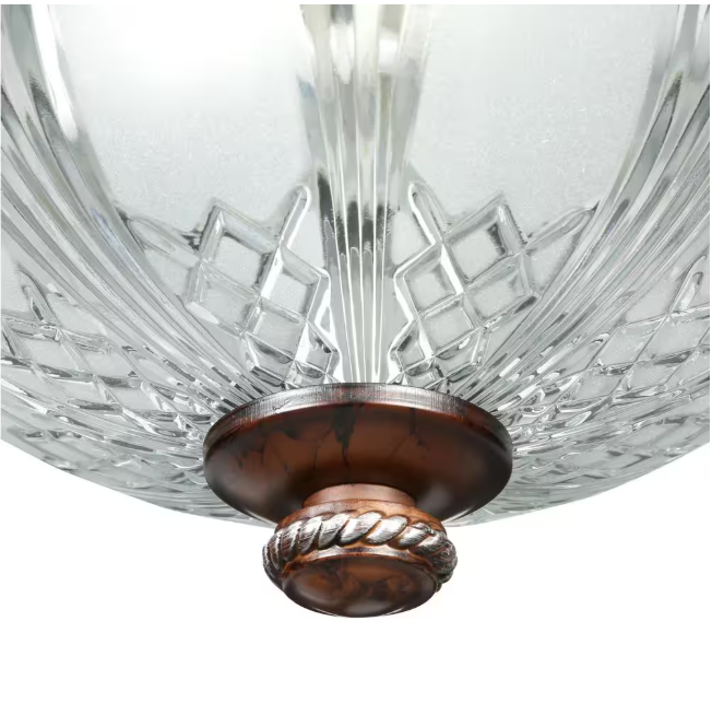 Hampton Bay Bercello Estates 15 in. Traditional 2-Light Volterra Bronze Dimmable Flush Mount Ceiling Light with Etched Glass Shade