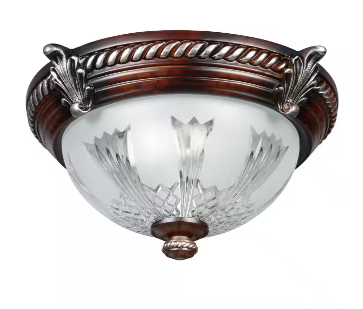 Hampton Bay Bercello Estates 15 in. Traditional 2-Light Volterra Bronze Dimmable Flush Mount Ceiling Light with Etched Glass Shade