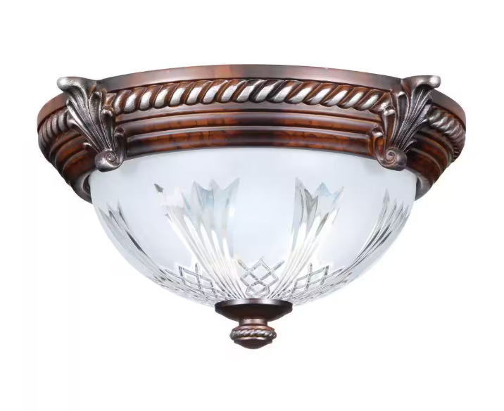 Hampton Bay Bercello Estates 15 in. Traditional 2-Light Volterra Bronze Dimmable Flush Mount Ceiling Light with Etched Glass Shade