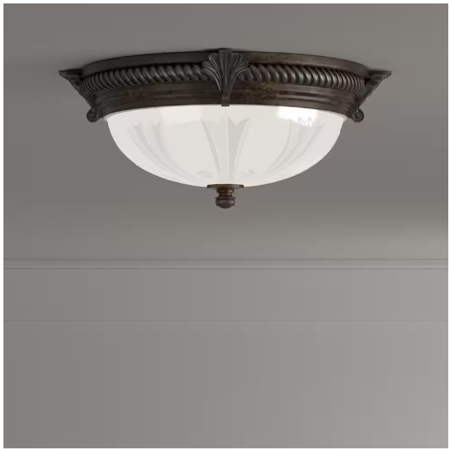 Hampton Bay Bercello Estates 15 in. Traditional 2-Light Volterra Bronze Dimmable Flush Mount Ceiling Light with Etched Glass Shade