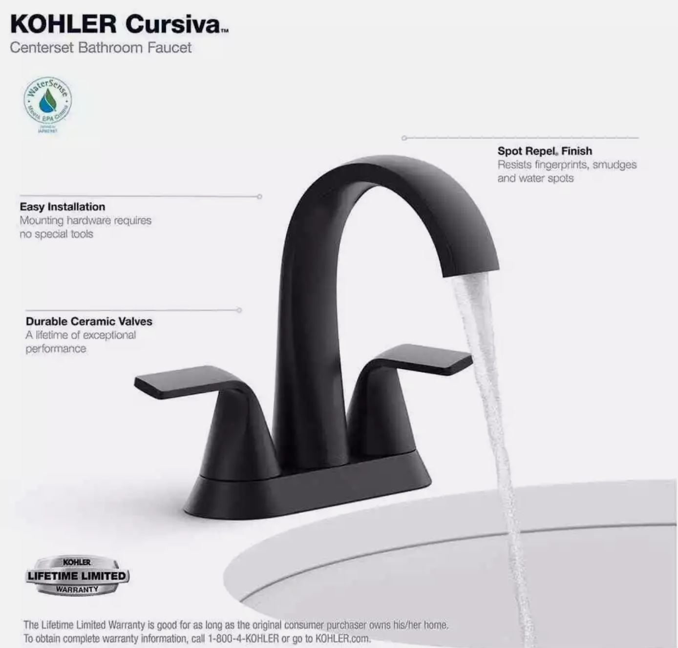 KOHLER Cursiva 4 in. Centerset Double Handle Bathroom Faucet in Matte Black
