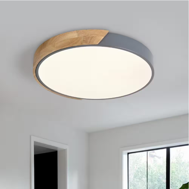 Lumin 15.8 in. 1-Light Wood and Gray Dimmable Integrated LED Flush Mount for Bedroom Kitchen Dining Room (3000K)
