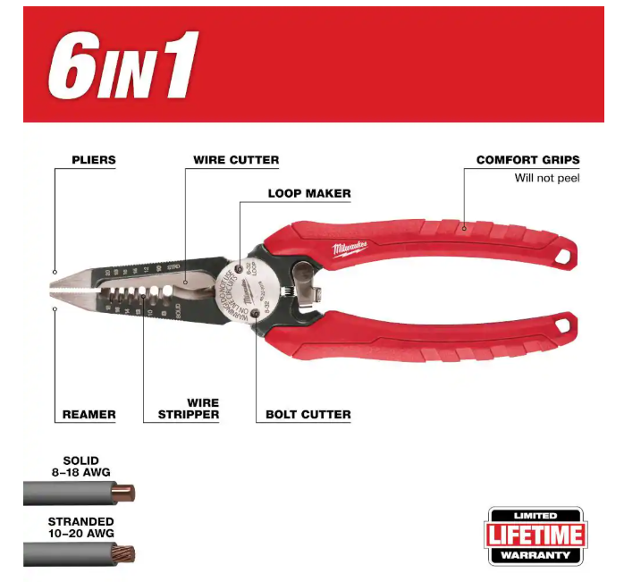 Milwaukee 7.75 in. Combination Electricians 6-in-1 Wire Stripper/Cutter Pliers