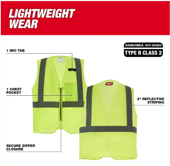Milwaukee Large/X-Large Yellow Class 2 High Visibility Mesh Safety Vest with 1 Pocket