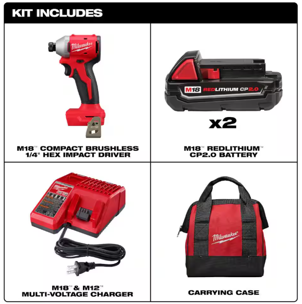 Milwaukee M18 18V Lithium-Ion Brushless Cordless 1/4 in. Impact Driver Kit with Two 2.0 Ah Batteries and Charger
