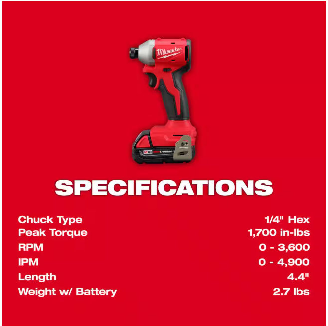Milwaukee M18 18V Lithium-Ion Brushless Cordless 1/4 in. Impact Driver Kit with Two 2.0 Ah Batteries and Charger