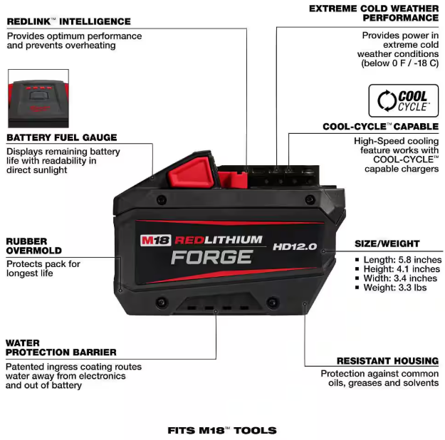 Milwaukee M18 18V Lithium-Ion REDLITHIUM FORGE HD 12.0 Ah Battery Pack