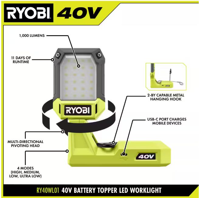 RYOBI 40V Cordless Battery Topper LED Work Light (Tool Only)