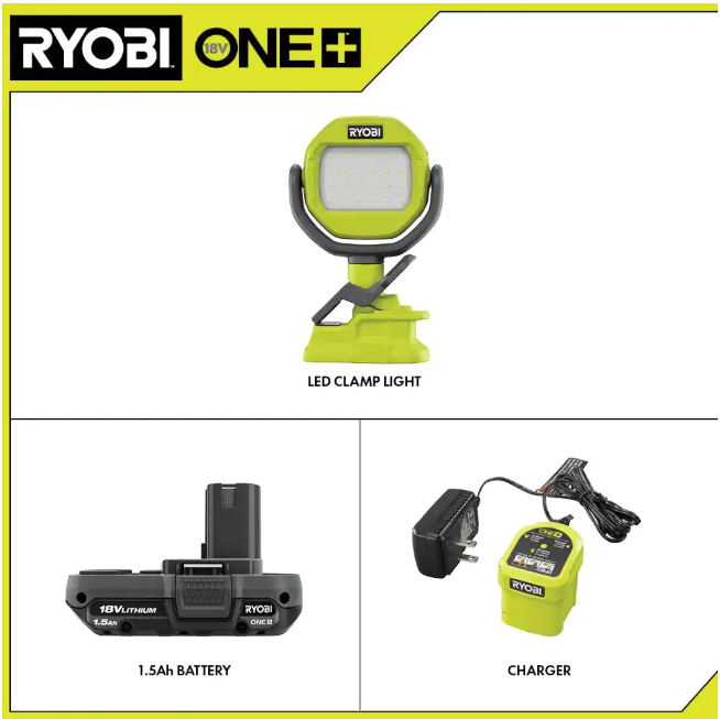 RYOBI ONE+ 18V Cordless LED Clamp Light Kit with 1.5 Ah Battery and Charger