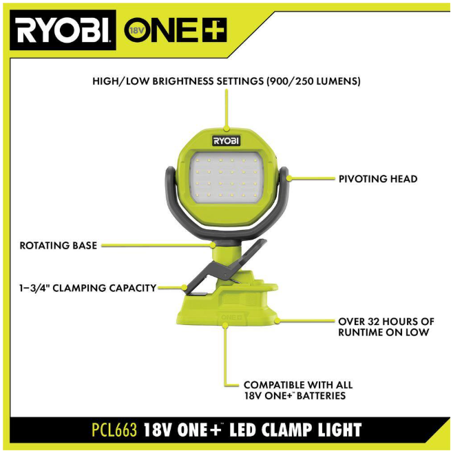 RYOBI ONE+ 18V Cordless LED Clamp Light Kit with 1.5 Ah Battery and Charger