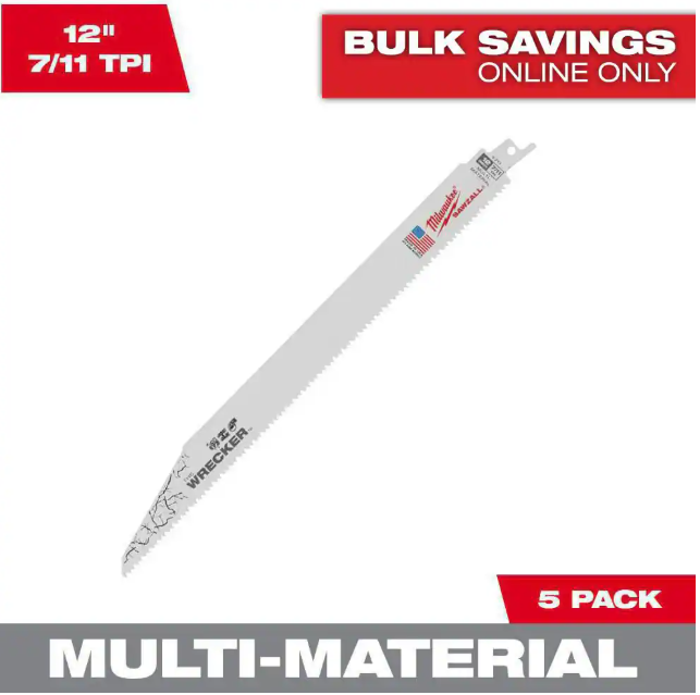 Milwaukee 12 in. 7/11 Teeth per in. Wrecker Demolition Multi-Material Cutting Sawzall Reciprocating Saw Blades (5 Pack)