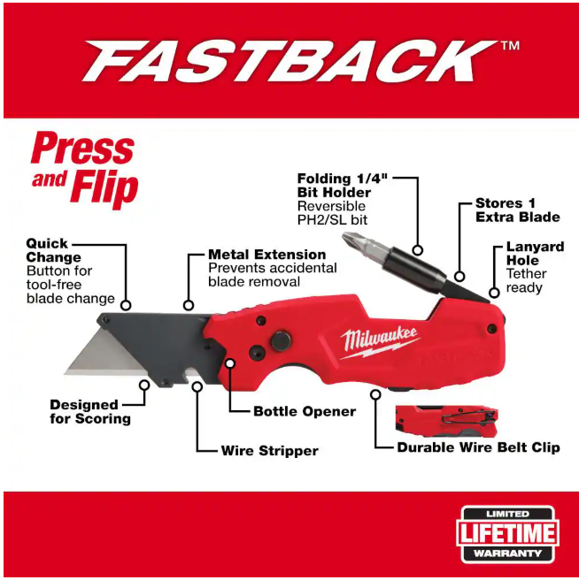 Milwaukee FASTBACK 6-in-1 Folding Utility Knives with General Purpose Blade