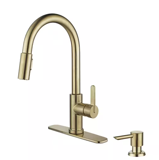 Glacier Bay Paulina Single Handle Pull Down Sprayer Kitchen Faucet with TurboSpray, FastMount and Soap Dispenser in Matte Gold