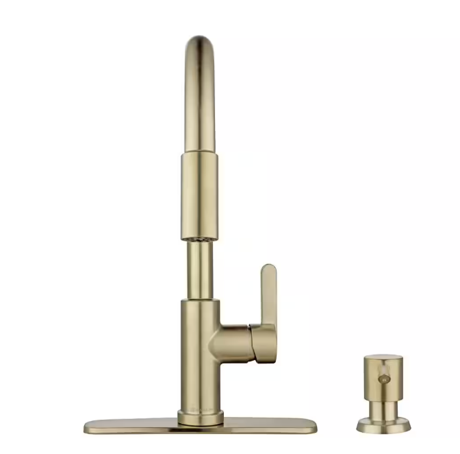 Glacier Bay Paulina Single Handle Pull Down Sprayer Kitchen Faucet with TurboSpray, FastMount and Soap Dispenser in Matte Gold