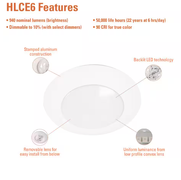 HALO HLCE 6 in. 3000K Integrated LED Recessed Light Trim (6-Pack), Title 20 Compliant