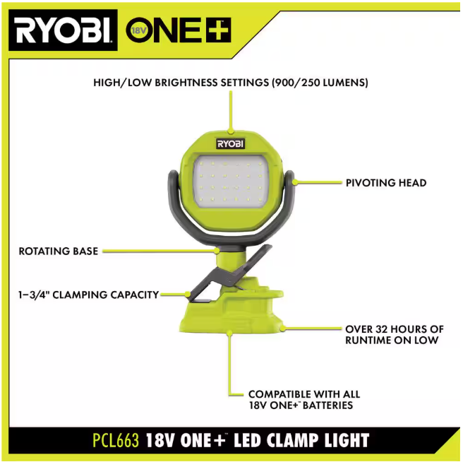RYOBI ONE+ 18V Cordless LED Clamp Light (Tool Only)