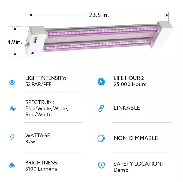Feit Electric 2 ft. 32-Watt White LED 3 Adjustable Spectrum Linkable Plant Grow Light Fixture