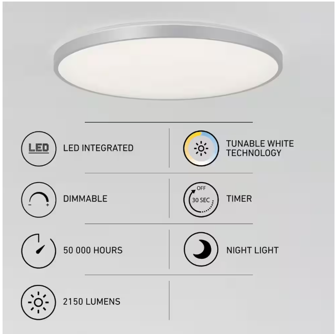 Artika Europa 21 in. 1-Light Modern Silver Integrated LED 3 CCT Flush Mount Ceiling Light Fixture for Kitchen or Bedroom