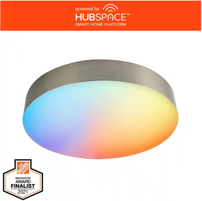 Hampton Bay Lakeshore 13 in. Brushed Nickel Color Changing and Adjustable CCT Integrated LED Smart Flush Mount Powered by Hubspace