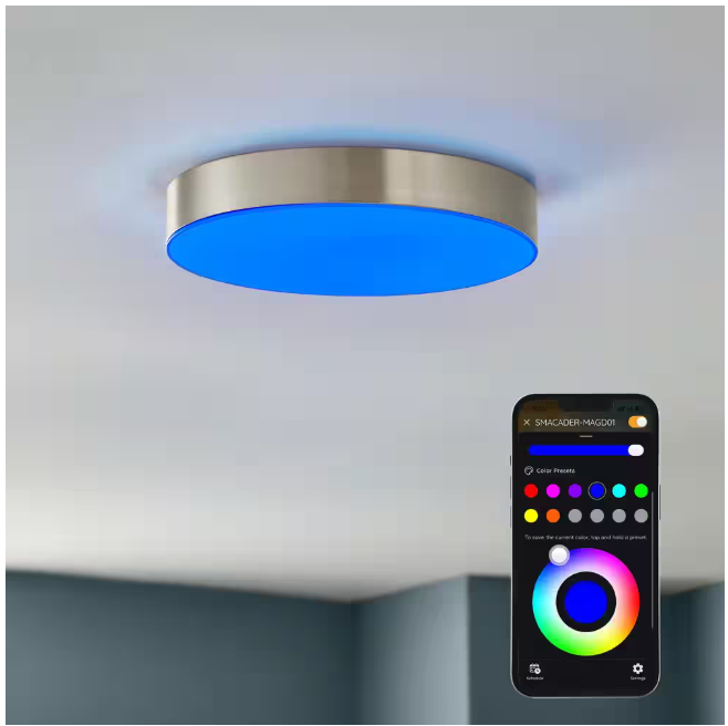 Hampton Bay Lakeshore 13 in. Brushed Nickel Color Changing and Adjustable CCT Integrated LED Smart Flush Mount Powered by Hubspace