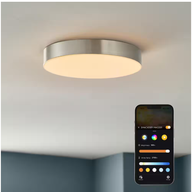 Hampton Bay Lakeshore 13 in. Brushed Nickel Color Changing and Adjustable CCT Integrated LED Smart Flush Mount Powered by Hubspace