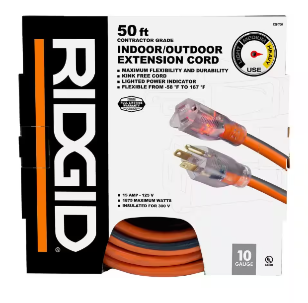 RIDGID 50 ft. 10/3 Heavy Duty Indoor/Outdoor SJTW Extension Cord with Lighted End, Orange/Grey