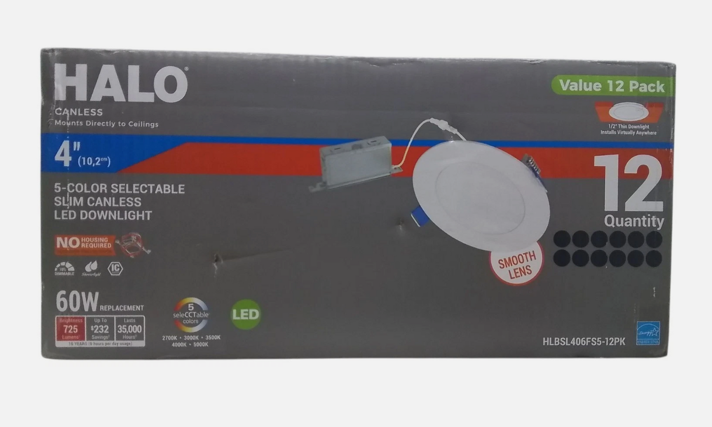 HALO HLBSL 4 in. Canless Integrated LED, 600 Lumens, 5CCT, White (12-Pack)