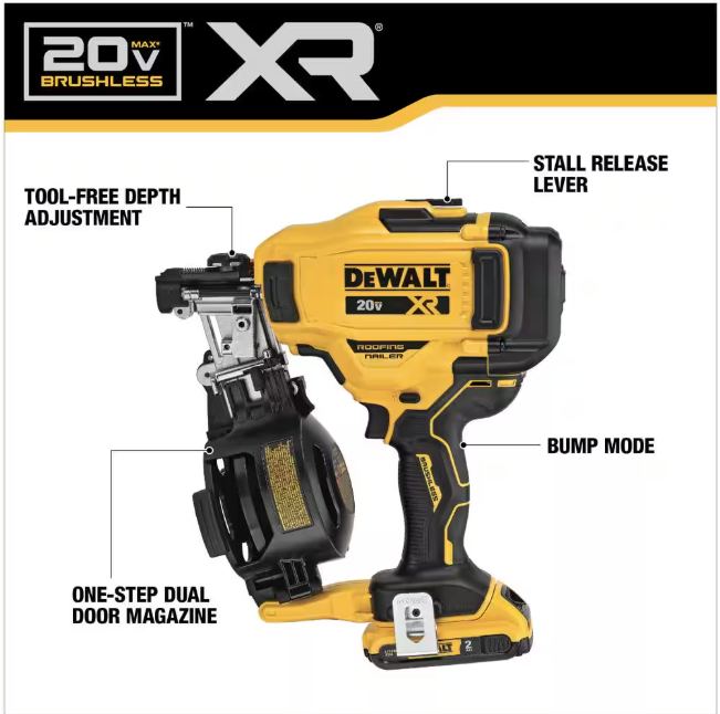 DEWALT 20V MAX Lithium-Ion 15-Degree Electric Cordless Roofing Nailer Kit with 2.0Ah Battery Charger and Bag