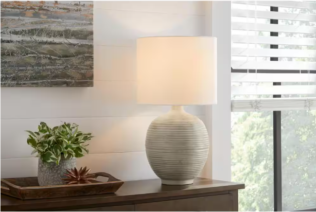 Hampton Bay Finch 22 in. Distressed White Ribbed Table Lamp with White Linen Shade