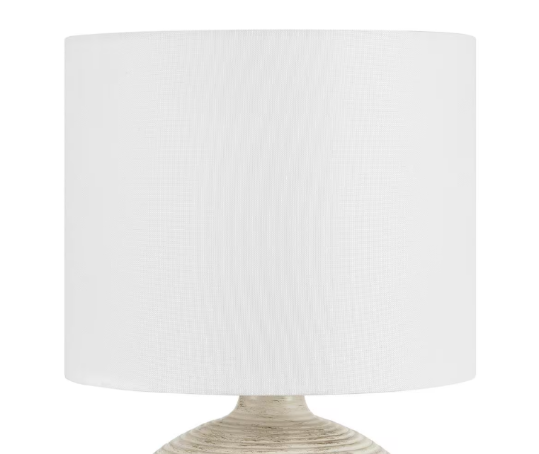 Hampton Bay Finch 22 in. Distressed White Ribbed Table Lamp with White Linen Shade