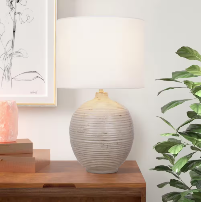 Hampton Bay Finch 22 in. Distressed White Ribbed Table Lamp with White Linen Shade
