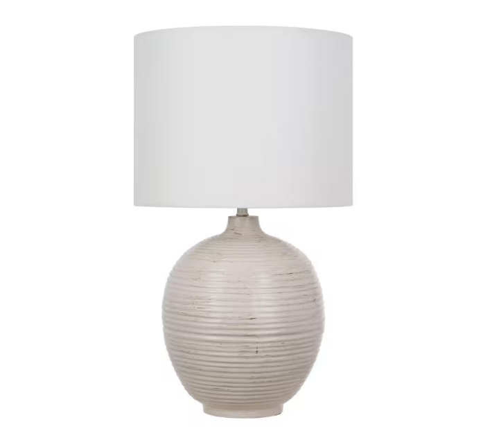 Hampton Bay Finch 22 in. Distressed White Ribbed Table Lamp with White Linen Shade