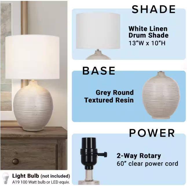 Hampton Bay Finch 22 in. Distressed White Ribbed Table Lamp with White Linen Shade