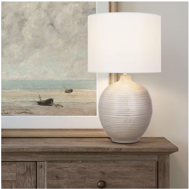 Hampton Bay Finch 22 in. Distressed White Ribbed Table Lamp with White Linen Shade