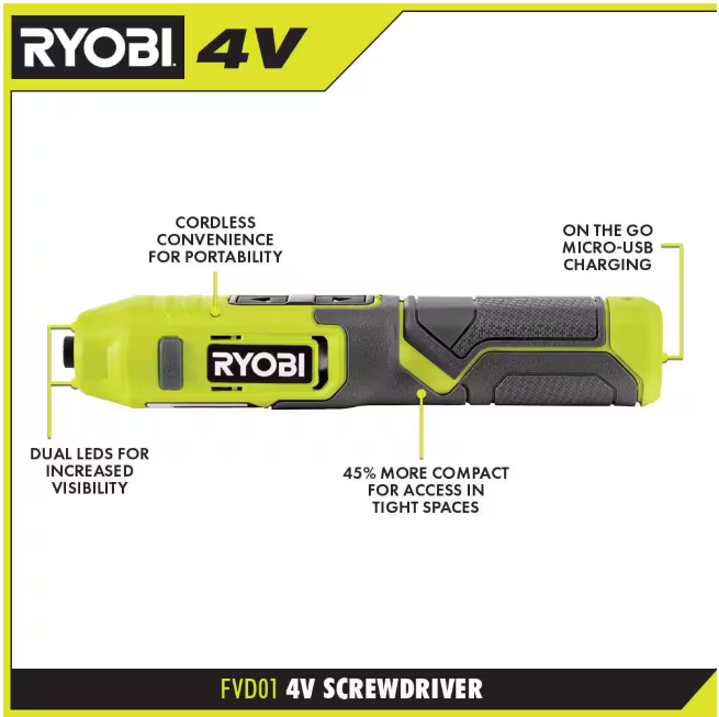 Ryobi 4V 1/4 in. Screwdriver Kit w /Bit Accessories and cable FVD01KSB