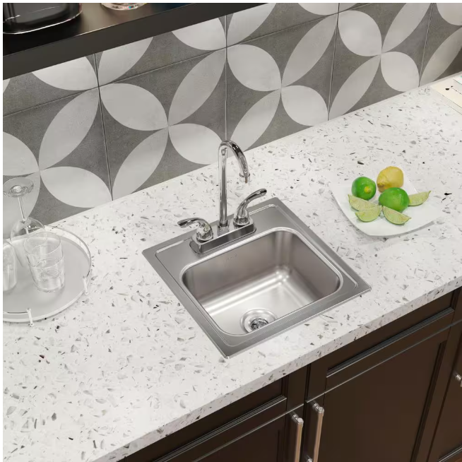 Elkay 15 in. Drop-in Single Bowl 20-Gauge Durable Satin Stainless Steel Kitchen Sink Kit w/ Faucet