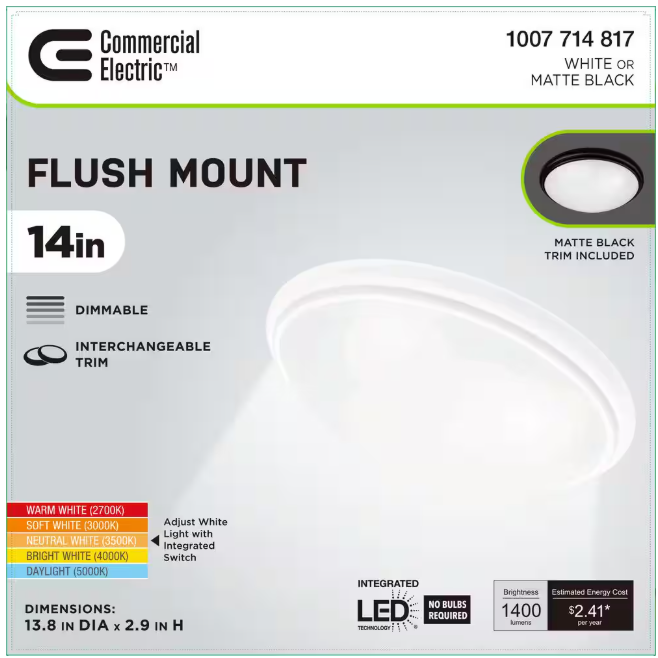 Commercial Electric 14 in. Light Matte Black and White Adjustable CCT Integrated LED Ceiling Flush Mount Fixture with Interchangeable Trim