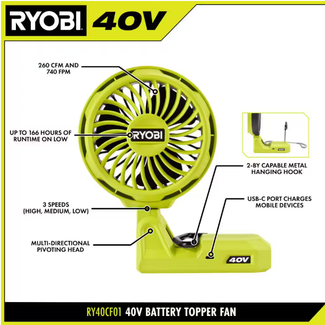 RYOBI 40V Cordless Battery Topper Fan (Tool Only)