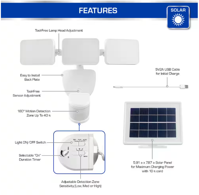 Defiant 180° White Motion Sensing Security Light Solar Powered Outdoor 3-Head LED Flood Light 2100 Lumens