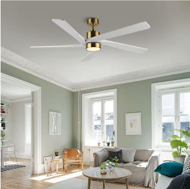 GETLEDEL 64 in. DC Indoor Ceiling Fan with Integrated LED and Remote Control, 5 Reversible Carved Wood Blades, Gold
