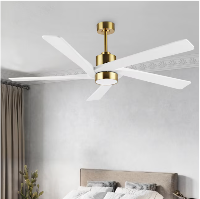 GETLEDEL 64 in. DC Indoor Ceiling Fan with Integrated LED and Remote Control, 5 Reversible Carved Wood Blades, Gold