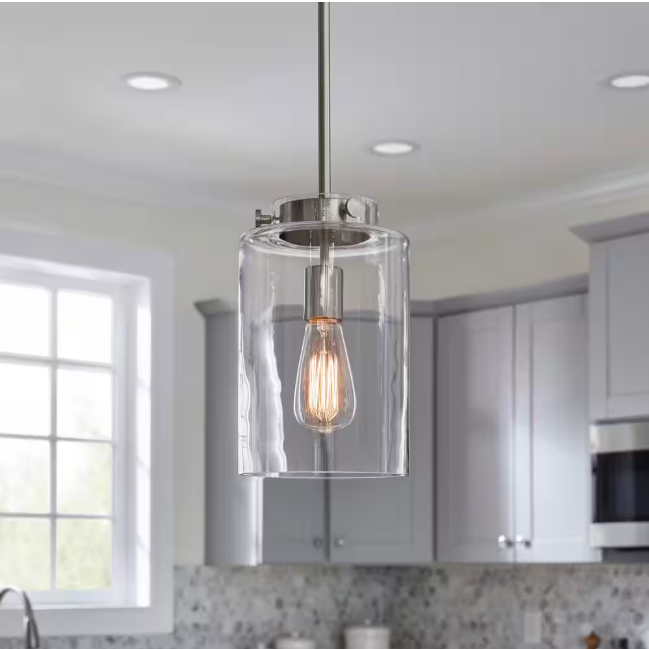 Hampton Bay Mullins 6.75 in. 1-Light Brushed Nickel Mini Pendant with Clear Glass Shade
