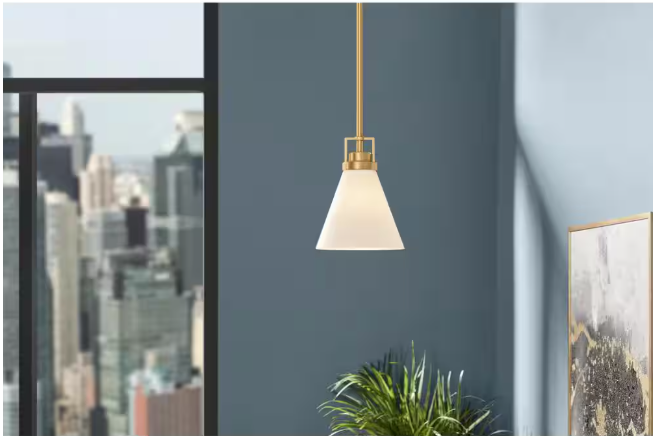 Home Decorators Collection Clermont 1-Light Satin Brass Shaded Pendant Light with Milk Glass Shade