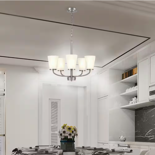 Hampton Bay Helena 21 in 5-Light Brushed Nickel Hanging Chandelier with Frosted Glass Shades for Dining Room