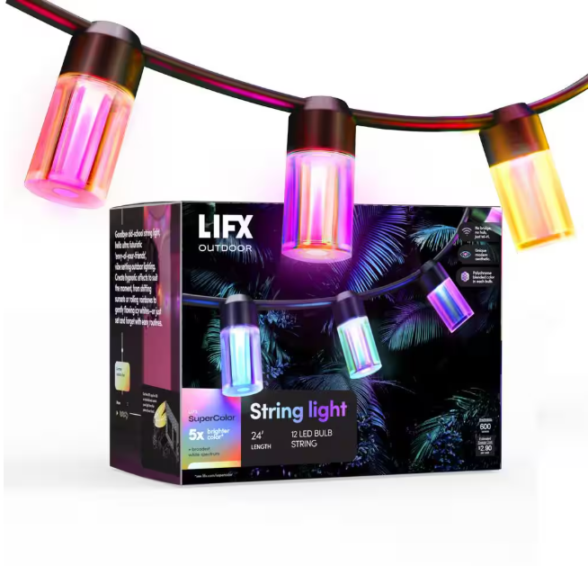 LIFX 12-Light 24 ft. Outdoor Plug-In RGB Integrated LED Smart Wi-Fi String Light, Works with Alexa/Hey Google/HomeKit/Siri