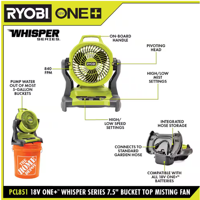 RYOBI ONE+ 18V Cordless 7-1/2 in. Bucket Top Misting Fan (Tool Only)