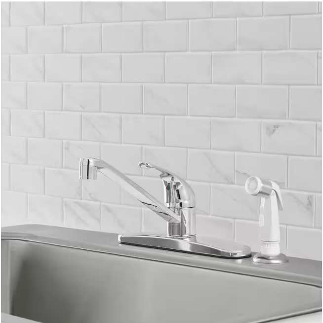 Glacier Bay Single Handle Standard Kitchen Faucet in Chrome with White Side Sprayer