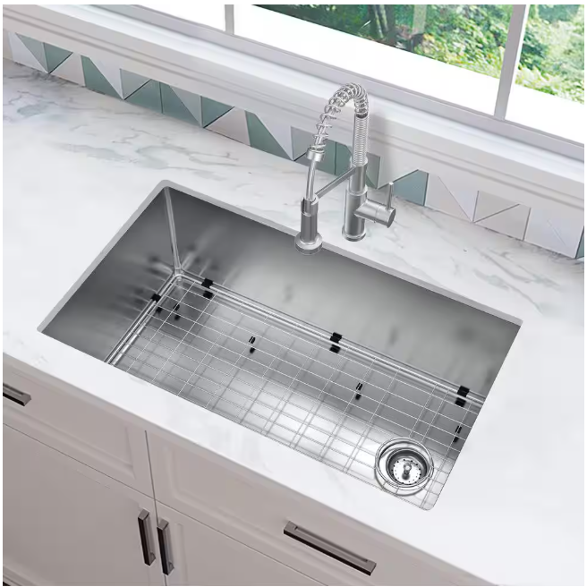 Glacier Bay Tight Radius 31 in. Undermount Single Bowl 18 Gauge Stainless Steel Kitchen Sink with Accessories