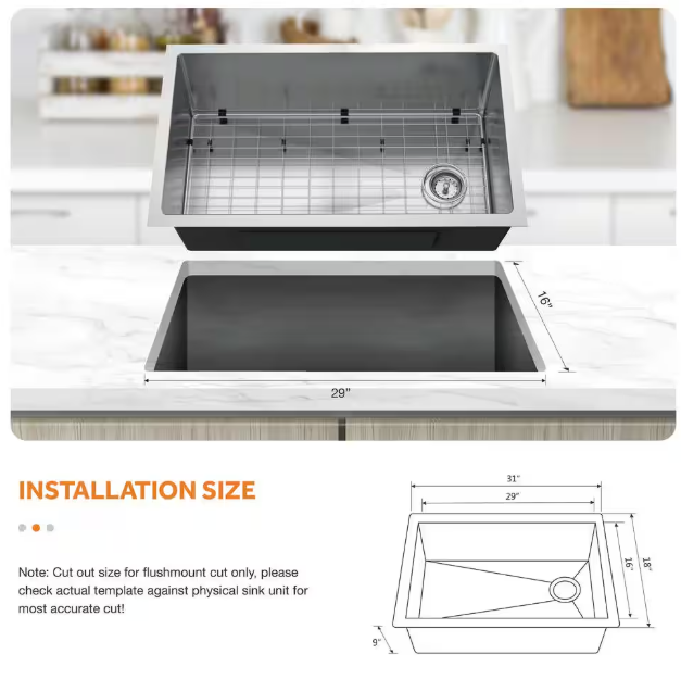 Glacier Bay Tight Radius 31 in. Undermount Single Bowl 18 Gauge Stainless Steel Kitchen Sink with Accessories